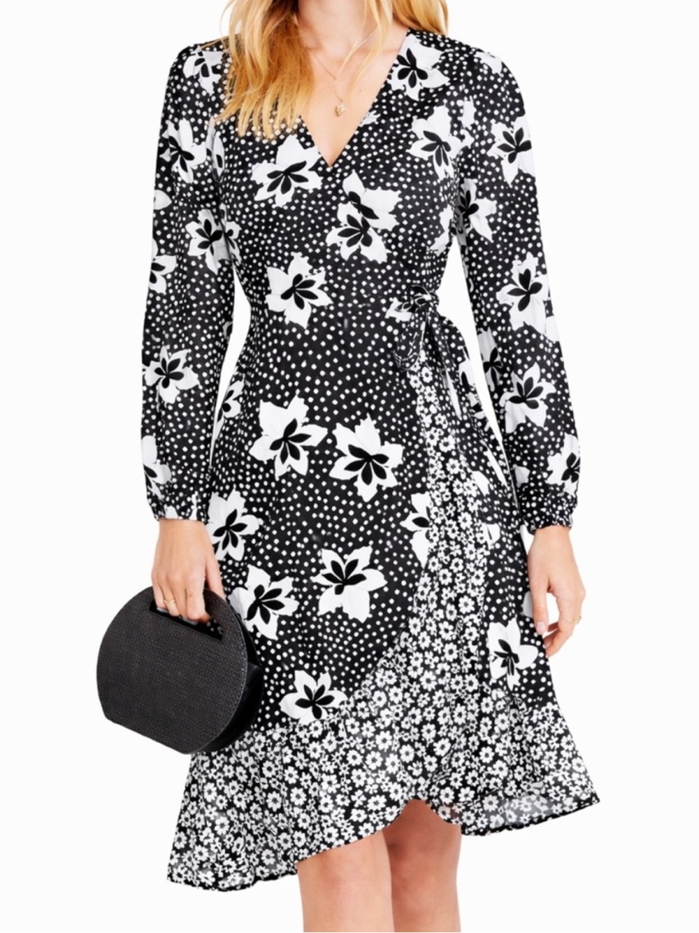 Anthropologie Porridge Midi Wrap Dress Medium Black White Floral Long Sleeve